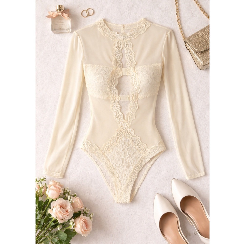 Hot As‎ Hell HAH Bodysuit Womens Small Ivory NWT Sheer Lace Mesh Sexy Bridal